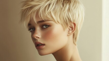 Sticker - A young woman with a chic short blonde hairstyle gazes thoughtfully, capturing a moment of serene beauty in natural light.