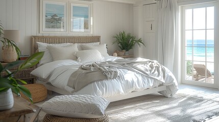 Wall Mural - A coastal bedroom with a platform bed at Home by the Ocean. Generative AI.