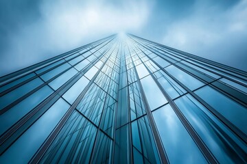 The intricate architecture of a distant skyscraper, standing out sharply against a soft blue sky