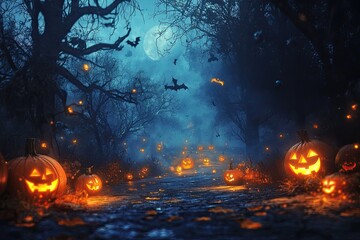 Halloween background with pumpkins, bats and tree silhouettes.