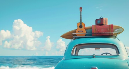 Car and beach bed at the sea. Ready for summer travel. Summer and holiday, road trip concept