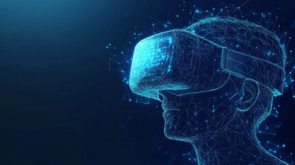 Poster - Abstract image of a virtual reality. Technology concept. With dark blue background. Low poly wireframe with lines, dots and glowing particles 