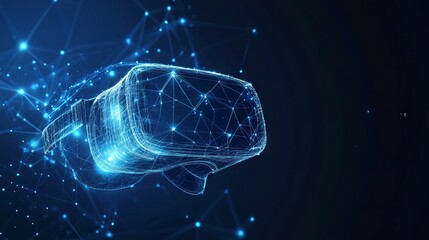 Poster - Abstract image of a virtual reality. Technology concept. With dark blue background. Low poly wireframe with lines, dots and glowing particles 