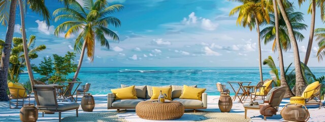 Wall Mural - Tropical beach paradise with clear blue waters, inviting relaxation and adventure on a sunny, palm-fringed coast