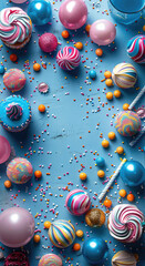 Poster - Happy birthday party background with text and colorful tools. Generative AI.