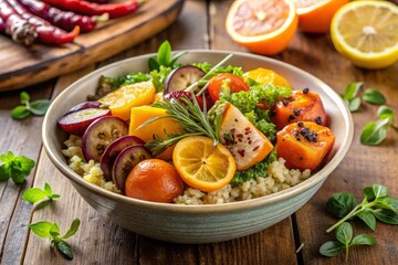 * Secondary details: quinoa salad bowl, roasted vegetables, citrus, herbs