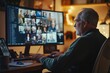 © Kenny - Senior Man Participating in Virtual Meeting from Home Office with Large Monitor and Warm Lighting