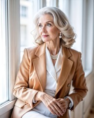 An elegant mature woman in a chic hairstyle and blazer stands confidently at the window