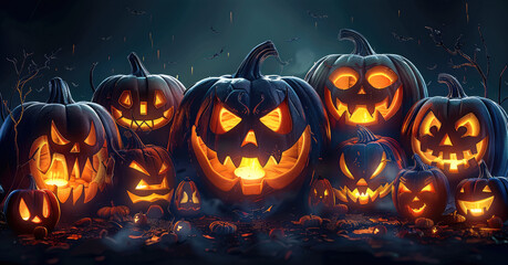 In the darkness at Halloween night, illuminated carved pumpkins with evil faces can be seen. Generative AI.