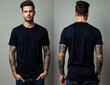 © O-CAP - Male Model in Black t-shirt, plain blank tshirt mockup, Black tee, front and back view, with Tattooed Arms