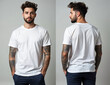© O-CAP - Front and back view male young man white plain t-shirt mockup model with tattooed arms, studio photography