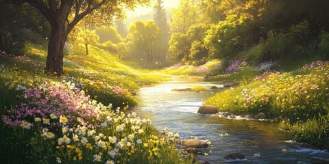 Wall Mural - Sunlit stream flows through a lush green forest.