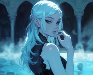 Wall Mural - enigmatic elf woman with icy blue hair in a dark, misty courtyard, exuding a sense of calm and mystery