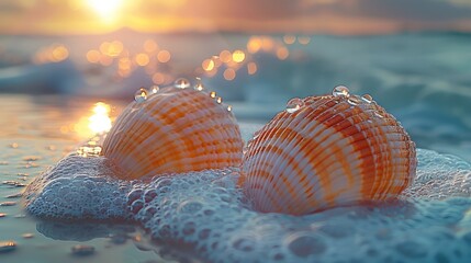 Sticker - Seashells with water drops on the beach. Generative AI.