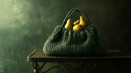 Poster - a green knitted bag holds ripe yellow pears on a textured table in soft light