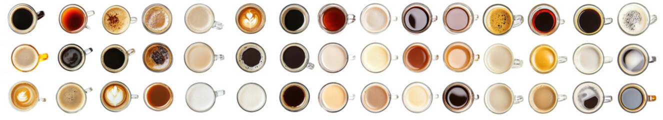 Poster - Diverse assortment of coffee and tea mugs presented in a top view. Showcases a range of beverages from black coffee to lattes and different teas, highlighting their rich colors on a white background