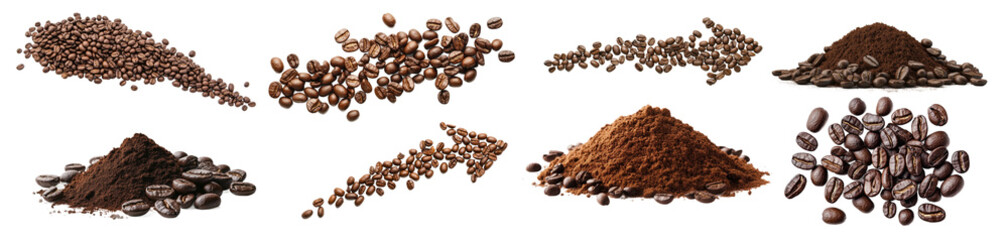 Poster - A collection of coffee beans and ground coffee arranged in different patterns on a white background. Features roasted coffee beans in piles, scattered formations, and mounds of ground coffee.