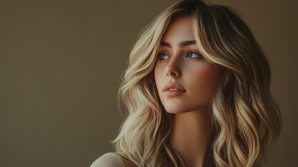 Wall Mural - A young woman with flowing blonde hair gazes thoughtfully to the side, illuminated by gentle, warm light.