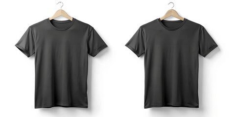 Two black t-shirts mockup, blank ad shirts template on the white isolated background. Design for print, mockup for advertisement. Front view.