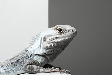 A close-up of a lizard with textured skin against a minimalist background.