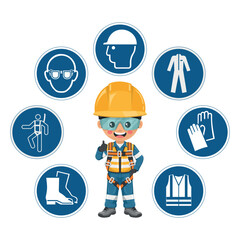 Industrial Safety Engineer  with safety harness and personal protective equipment for working at height and preventing falls. Safety icons. Safety first. Industrial safety and occupational health