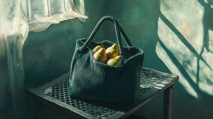 Poster - a green bag filled with fresh pears on a rustic table beside a window in a softly lit room