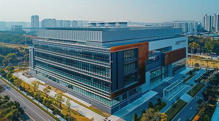 Poster - The hospital building on top of an industrial park. The exterior walls feature a light gray color with metal accents, Aerial high view. Generative AI.
