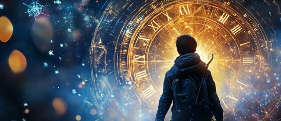 Wall Mural - Close up of photo image of time traveler person in astral world with full numbers numerology concept 