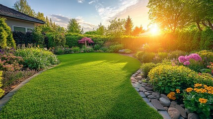 Canvas Print - Manicured garden at sunset with lush green lawn and colorful flower beds, ideal for real estate, landscaping, and gardening.