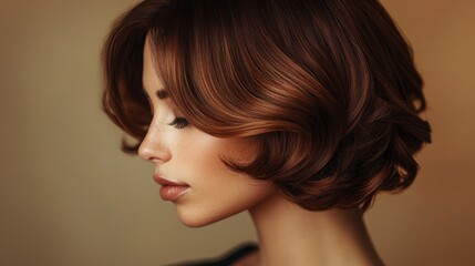 Wall Mural - A young woman showcases a sophisticated hairstyle, featuring soft waves, as she gazes thoughtfully to the side.