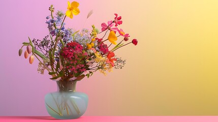 Large spring a vase of various flowers on a pink and yellow background