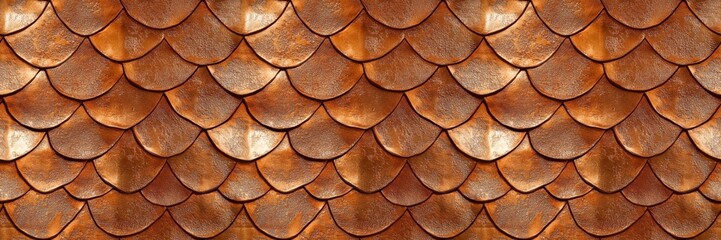 Wall Mural - Copper metal wallpaper texture wall background banner panorama - Vintage retro abstract tile with bronze rusty rust metallic fish scales tiles structure, seamless pattern, roof