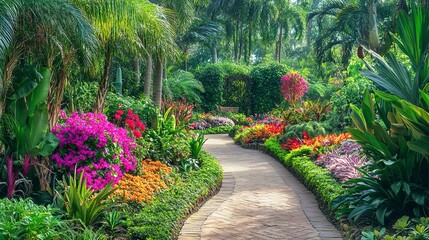 Canvas Print - A tranquil botanical garden in full bloom, Exotic plants arranged in meticulous gardens