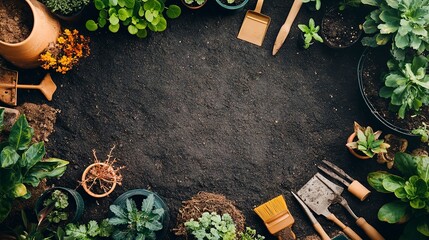 Sticker - Top view of gardening tools and plants on soil background in spring