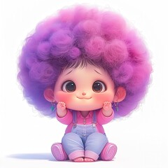 A cute cartoon girl with big eyes, pink cheeks, and a big purple and pink afro sits with her hands raised.