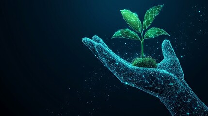 Digital Human Hand Holds the Plant in Palms. Futuristic Eco or Biotechnology Concept. Hand-open palm holds the sprout. Glowing Low Poly Wireframe Vector Illustration on Blue Technology Background.