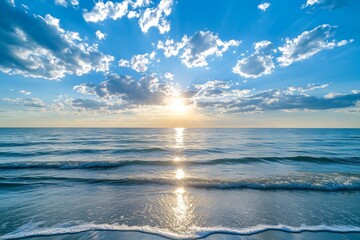 Wall Mural - Sunset beach  blue sky, white clouds, endless sea, reflective ripples, and nature s mystical beauty