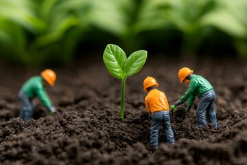 miniature workers cultivating soil around a young plant, representing growth and teamwork in agricul