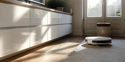 Poster - A white cabinet with a small storage space for a round robot vacuum cleaner at the bottom, in direct contact with the floor. Generative AI.