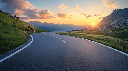 Aufkleber - Mountain road at colorful sunset in summer Dolomites Italy Beautiful curved roadway rocks stones blue sky with clouds Landscape with empty highway through the mountain pass in spring T : Generative AI