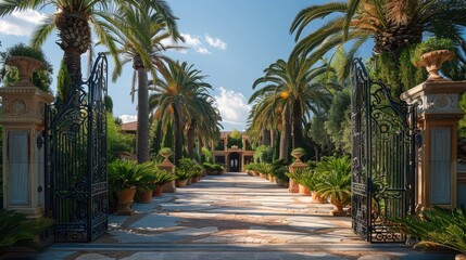 Aufkleber - The gate leading to the mansion. Palm trees and gates, in the background a beautiful house. Generative AI.