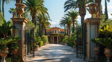 Aufkleber - The gate leading to the mansion. Palm trees and gates, in the background a beautiful house. Generative AI.