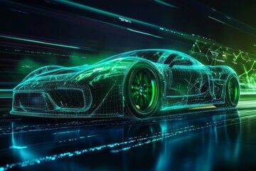 Poster - Futuristic integration  sports car outline with dynamic lights in digital network