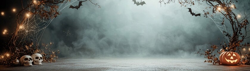 Poster - A Halloween-themed circus entrance with a spooky archway adorned with skulls, bats, and cobwebs, leading into a dimly lit interior. The image includes generous copy space for text or graphics.
