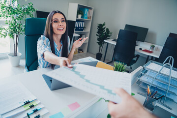 Wall Mural - Photo of smart chief female secretary boss take report papers wear striped formalwear comfortable modern office interior indoors workspace