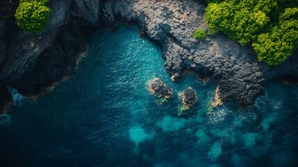 Wall Mural - Sea and volcanic rocks closeup aerial view natural background : Generative AI