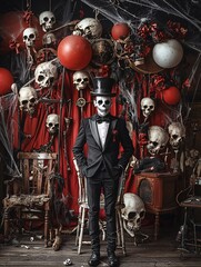 Poster - A ringmaster with a skeletal face and a top hat stands in front of a Halloween-themed circus tent, with eerie decorations like cobwebs and skulls. The composition allows for plenty of copy space.