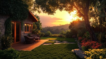 Poster - A garden with a patio and chairs in the sun, AI