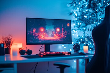 Poster - a minimalistic gaming station with a monitor displaying a halloween-themed game, surrounded by subtl
