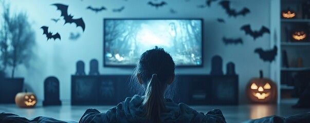 Poster - a dark room with a glowing monitor displaying a halloween video game, surrounded by spooky decoratio